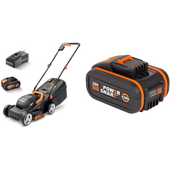 Акумуляторна газонокосарка WORX WG730E 20В та WA3553 Акумулятор 20В - Перезаряджається, потужний акумулятор з вбудованим індикатором рівня заряду для всіх пристроїв WORX - Li-Ion акумулятор 4000 мАг PowerShare