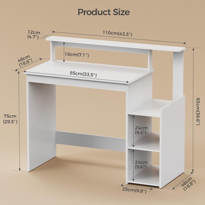 Комп&39ютерний стіл Mondeer з регульованою полицею, компактний офісний стіл з підставкою для монітора, 110 x 48 x 93 см, для кабінету, офісу, спальні, білий дерев&39яний композит