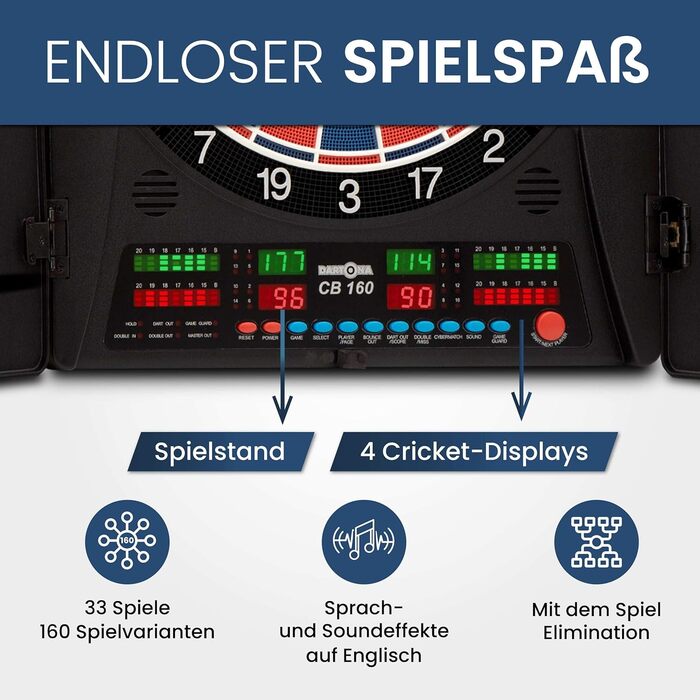 Електронна мішень для дартсу Dartona CB160 Cabinet Офіційний турнірний розмір Електронна мішень для дартсу Турнірна дошка з 33 іграми та понад 160 варіаціями