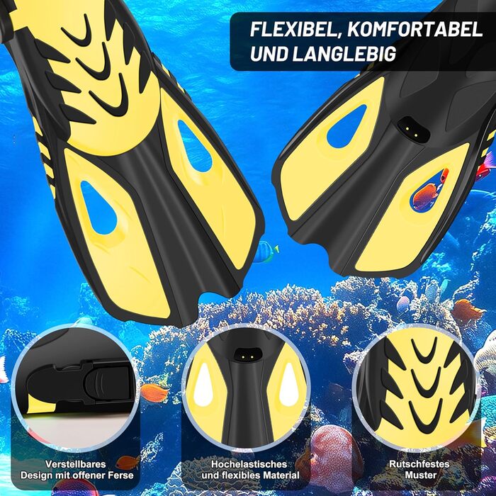 Набір для дорослого підводного плавання, 7 предметів спорядження для підводного плавання з маскою проти запотівання, ластами, сухою трубкою, водонепроникним чохлом для телефону, берушами та сумкою для перенесення, жовтий, S/M