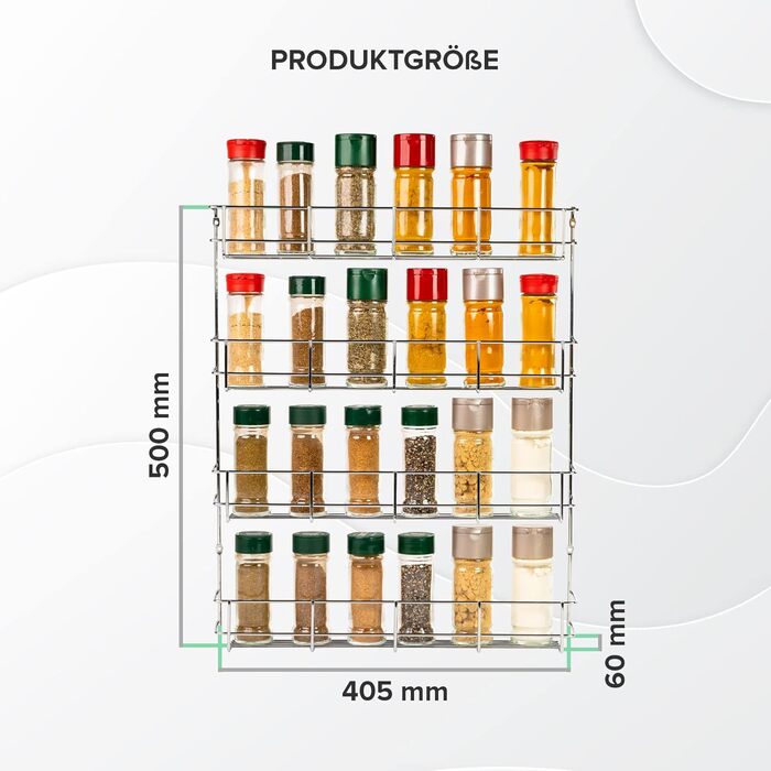Підставка для спецій Coninx Copa для дверцят шафи, 4 яруси, хромована - Підвісний органайзер для спецій - Настінна підставка для спецій на 4x8 банок для спецій - Підвісна підставка для спецій - Підставка для спецій для кухонної шафи - Кухонна полиця 50x40