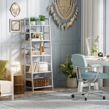 Полиця-драбина, 5-ярусна книжкова шафа, повнорозмірна бамбукова міцна книжкова шафа, окремостояча відкрита дерев&39яна полиця, сучасна кутова підставка для вітальні, домашнього офісу, ванної кімнати, біла