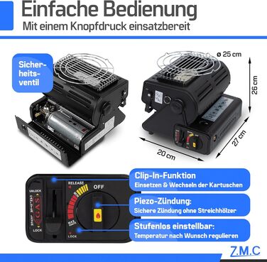 Портативний керамічний газовий обігрівач та плита ZMC 2-в-1 1,3 кВт, з підключенням для зрідженого газу 20 газових картриджів, кемпінгова плита з п&39єзорозпалом, кемпінговий обігрівач, газовий обігрівач для використання на вулиці, в наметах, на терасах, 