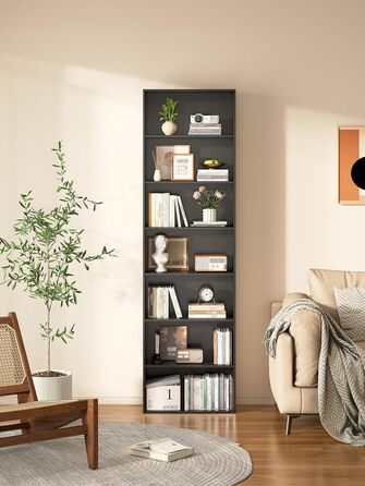 Рівнева окремостояча полиця Garvis 60 см завширшки, 210 см заввишки Відкрита книжкова шафа, білий чорний дуб Офічна полиця для вітальні (чорна), 7-