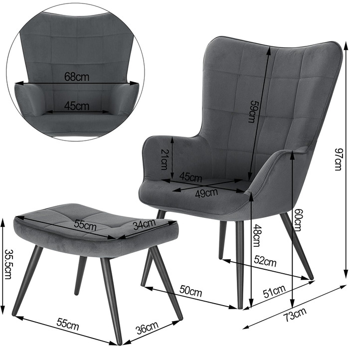 Крісло WOLTU з підніжкою та підставкою для ніг, крісло-реклайнер з оббивкою, вінтажне, вітальня, спальня, балкон, вельветовий оксамит, темно-сірий