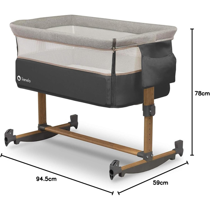 Дитяче ліжечко Lionelo Leonie 3-в-1, функція гойдання, 5-рівневе регулювання висоти, положення нахилу, матрац, знімна бічна панель, колеса, бічна кишеня, легке транспортування, сірий колір