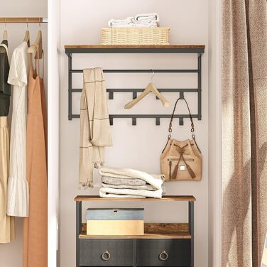 Настінна вішалка з полицею, настінна полиця з 10 гачками і штангами, настінна підвісна полиця, 80 x 30 x 42 см, для передпокою, ві