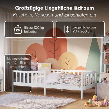Дитяче ліжко Bellabino Vere 90x200 см Ліжко Монтессорі із захистом від падіння та рейковою основою Дитяче ліжко з масиву сосни для хлопчиків та дівчаток Ліжко для малюків білого кольору 90x200 см без шухляд та матраца
