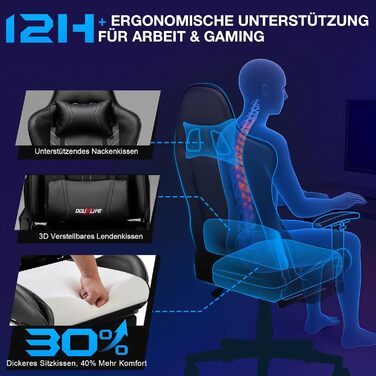 Ігрове крісло Douxlife, з 7-точковим масажем, підставкою для ніг, ергономічне офісне крісло, регульована спинка 90-175, регульовані 2D підлокітники, ігрове крісло для ПК, 150-180 кг, насичено-чорне