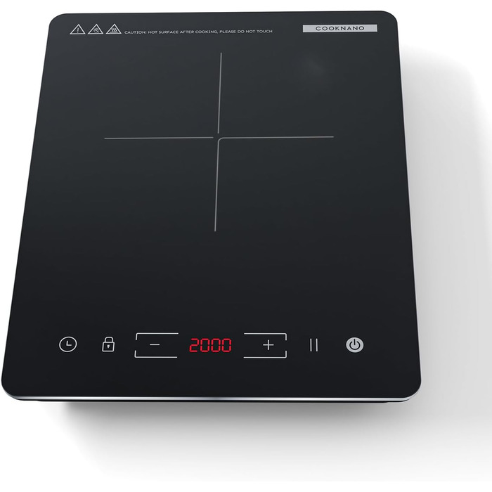 Індукційна плита, індукційна варильна поверхня COOKNANO 1 плита, індукційна плита 2000 Вт, 9 рівнів, варильна плита 28 см, індукційна плита з 8-годинним таймером, виявлення горщика, варильна поверхня 1 варильна поверхня, сенсорний дисплей