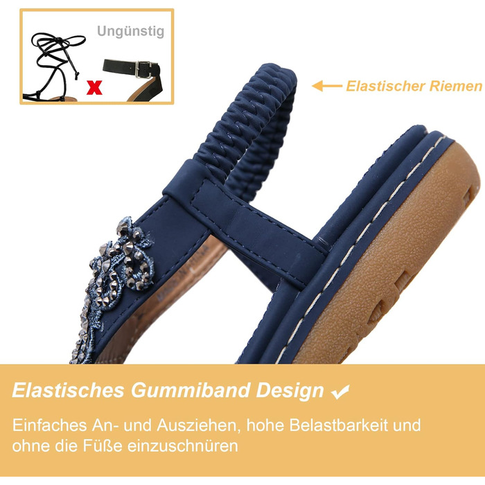 Жіночі літні шльопанці богемного крою на плоскій підошві зі стразами, розмір 36-42 41 EU, темно-сині