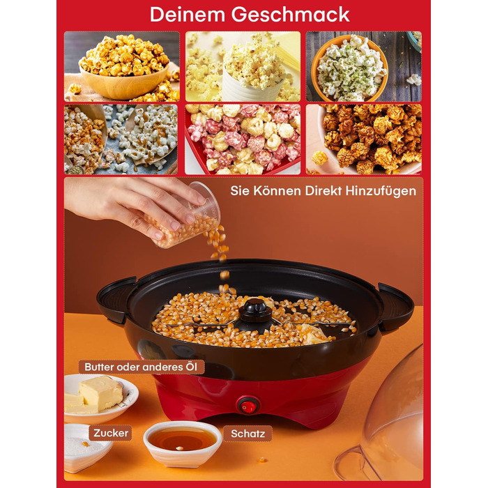 Машина для попкорну FOHERE, 5.5-літрова машина для дому, машина для попкорну з цукром, олією, маслом, антипригарним покриттям і знімною нагрівальною поверхнею, тиша та швидкість, велика кришка як миска для подачі червона