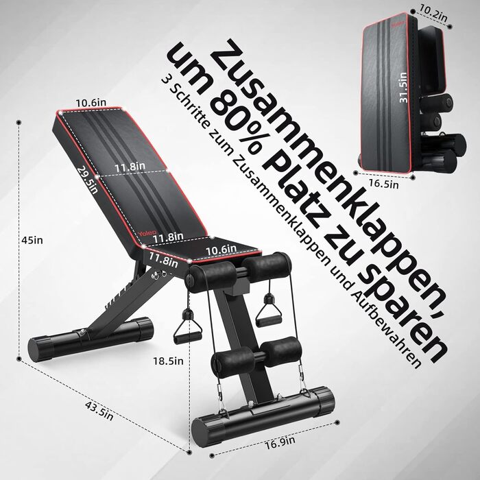 Складана силова лава YOLEO, багатофункціональна тренувальна фітнес-лава, тренажер для пресу, похила лава з 6-позиційною регульованою спинкою/3-позиційною регульованою подушкою сидіння, вантажопідйомність 300 кг, чорний колір