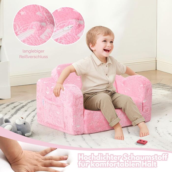 Дитячий диван MeMoreCool, розкладний, дитячий диван, диван-ліжко для малюків 2-в-1, дитяче крісло, міні-диван для дитячої кімнати, вишуканий ігровий диванчик для дівчаток та хлопчиків, рожевий