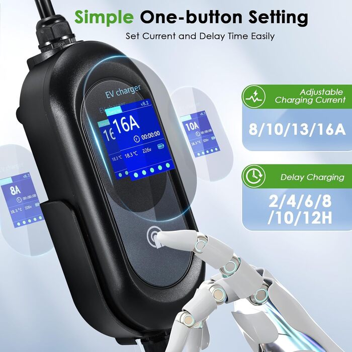Зарядний пристрій для електромобілів EVJUICION тип 2, зарядний пристрій із затримкою зарядки тип 2, запрограмований з дисплеєм 8-1