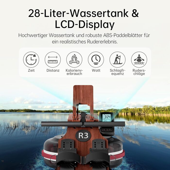 Складаний гребний тренажер R3 з дуба, з РК-дисплеєм з підтримкою Bluetooth, сумісний з Kinomap, резервуар для води 28 л, вантажопідйомність до 150 кг, ергономічне сидіння, регульований тримач для планшета Sapeli