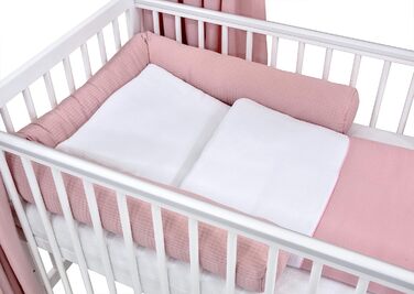 Комплект дитячого ліжечка Generic Baby Deluxe, ліжко-будиночок 60x120 см, білий захист від падіння, матрац для ліжечка, комплект постільної білизни (мусліновий балдахін, рожевий мусліновий вафельний піке)