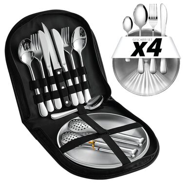 Предметний набір посуду для кемпінгу на 4 особи Набір столових приборів з виделками, ножами та ложками з нержавіючої сталі Портативні столові прибори для активного відпочинку, пікніків та барбекю. (Включає 4 чайні ложки) (Полегшена версія) Полегшена версі