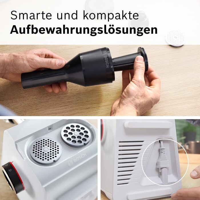 М'ясорубка Bosch MultiPower Serie 6 MFWS607W, 2 перфораційні решітки (4,5 та 8 мм), нержавіюча сталь, підходить для посудомийки, насадки для кеббе та ковбас, потужність 2100 Вт, біла