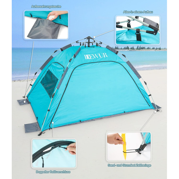 Пляжний намет для 2-4 осіб, розкладний пляжний намет, захист від сонця UPF 50, водонепроникний для сімей, для пляжу, кемпінгу, саду, синій