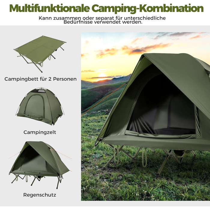 Розкладне ліжко COSTWAY з наметом для 2 осіб, кемпінгове ліжко з дощовиком, 2 сітчасті двері, мансардний вікно та сумка на колесах, кемпінговий шезлонг, вантажопідйомність 300 кг, 194 x 145 x 150 см, зелений