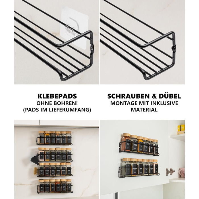 Настінна підставка для спецій Deco haus (свердління не потрібне) З 24 БАНКАМИ ДЛЯ СПЕЦІЙ ТА ЕТИКЕТКАМИ - Підвісна підставка для спецій, набір з 4 шт. - Настінний тримач для спецій - Клейкі підставки для спецій для дверцят шаф - Органайзер для підставок дл