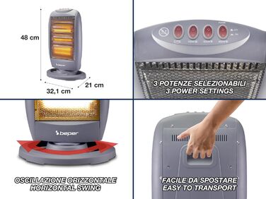 Галогенна нагрівальна панель BEPER P203PAN011, 400/800/1200 Вт, 3 нагрівальні елементи, 3 рівні потужності, автоматичне горизонтальне коливання, функція ECO та автоматичне вимкнення, сіра