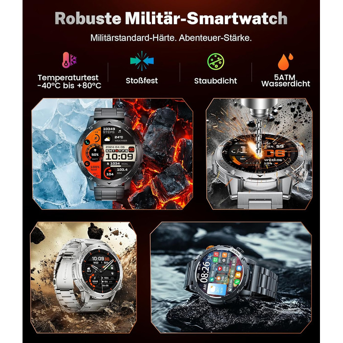Чоловічий військовий смарт-годинник - акумулятор 1000 мАг/великий HD-дисплей 1,75 дюйма, смарт-годинник з ліхтариком/дзвінками через Bluetooth/130 спортивних режимів, водонепроникний фітнес-годинник IP68 з монітором серцевого ритму/сну, для Android iOS EF