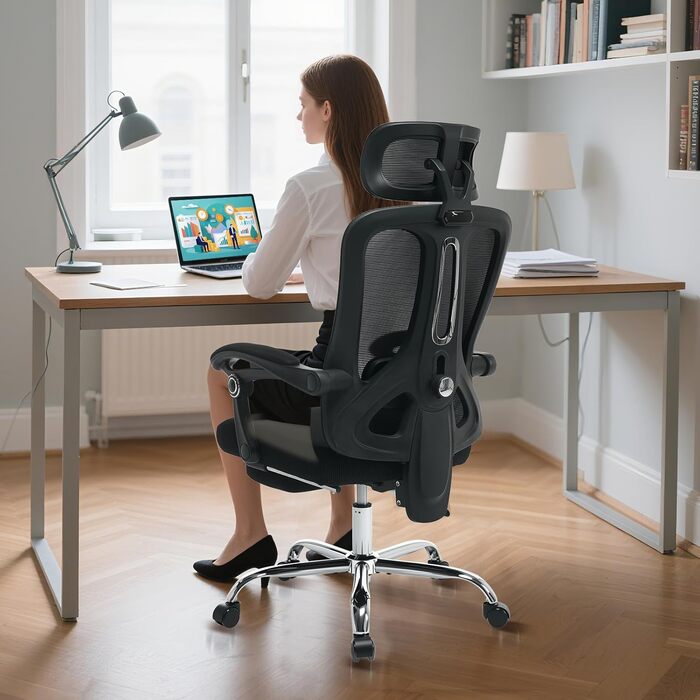 Офісне крісло Garvee з підставкою для ніг, ігрове крісло з сітки, регульоване по висоті, витримує навантаження до 150 кг, ергономічне робоче крісло, регульований підголівник та поперекова опора, надзвичайно широке, зручне чорного кольору