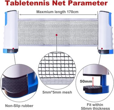 Сітки для настільного тенісу Sportout Сітки для настільного тенісу, регульована висувна сітка, замінна сітка для пінг-понгу, портативний дорожній тримач, ідеальний для всіх типів столів - 170 (макс.) x 19 см