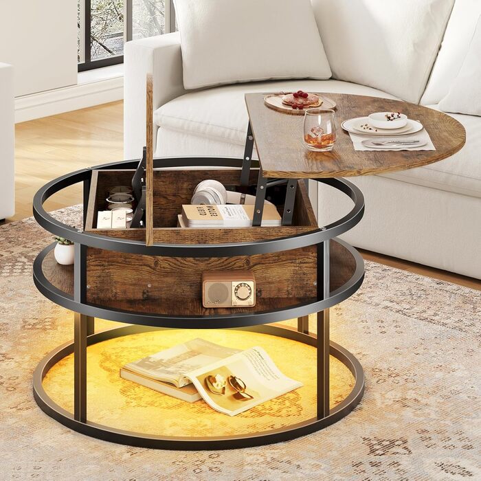 Круглий журнальний столик Dripex, діаметр 81 см, регульований по висоті бічний столик із прихованим місцем для зберігання, вітальня з підйомною стільницею, журнальний столик, дерев&39яний стіл для вітальні, офісу 80*80*47