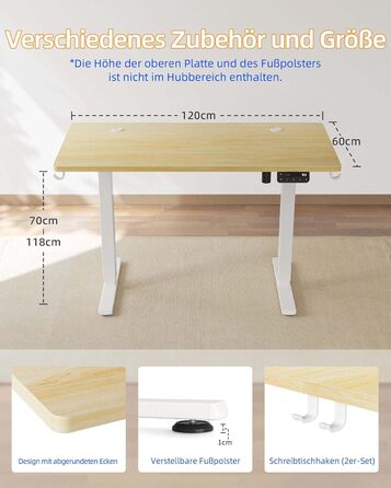 Письмовий стіл з регульованою висотою 120x60 см, Електричне регулювання висоти стіл, Стіл з регульованою висотою для роботи стоячи з функцією пам&39яті, Каркас натурального білого кольору/Стільниця натурального кольору 120 x 60 см