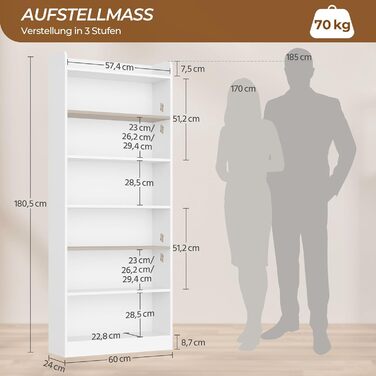 Книжкова полиця Yaheetech, 7-секційна книжкова шафа з регульованою полицею, окремостояча полиця 180,5 см В, відкрита полиця для зберігання речей для вітальні/домашнього офісу/кабінету (біла, 60x24x180,5 см) Біла 60x24x180,5 см