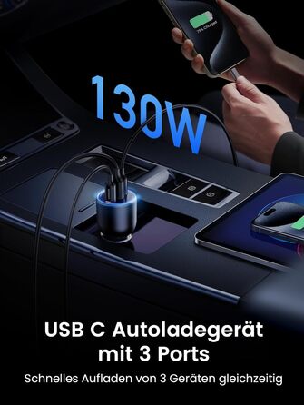 Прикурювач UGREEN USB C 130 Вт USB C Автомобільний зарядний пристрій 3-портовий автомобільний зарядний пристрій USB C Сумісний з iPhone 15/15 Plus/15 Pro/15 Pro Max/14/13/12, MacBook Pro/Air, Surface Pro, Galaxy S24/S23 тощо