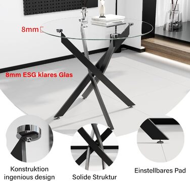 Круглий скляний обідній стіл GOLDFAN, сучасний кухонний стіл, дизайнерський скляний обідній стіл для їдальні та вітальні, 4-6 осіб, 90 см, чорний, 90x90x75 см