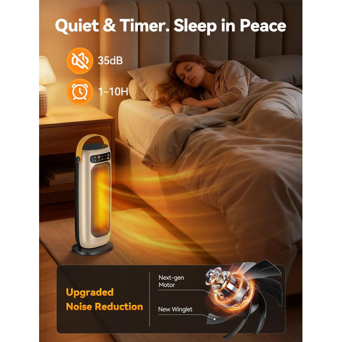 Енергозберігаючий електричний вентилятор-обігрівач, тихий та потужний 35 дБ, керамічний вентилятор-обігрівач PTC потужністю 1500 Вт з пультом дистанційного керування, 4 режими, коливання 110, таймер 1-10 годин, захист від перегріву та перекидання, невелик