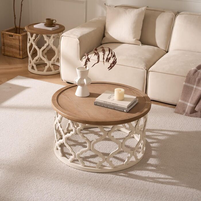 Круглий журнальний столик, дерев&39яний стіл для вітальні з ажурними ніжками, сучасний диванний столик з піднятими краями для вітальні/спальні, круглий журнальний столик Ø76x41см (Ø76x41см)
