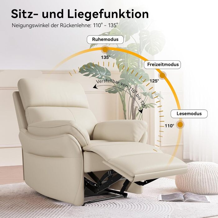Крісло для відпочинку AIRSKY, крісло для телевізора зі справжньої шкіри з функцією відкидання, крісло для кінотеатру, крісло для сну, крісло для літніх людей, крісло для телевізора з функцією сну, крісло з ручним регулюванням для вітальні та спальні, беже