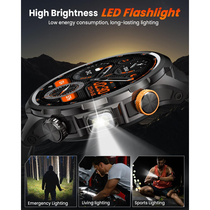 Чоловічий військовий смарт-годинник з акумулятором 1000 мАг, 1,91-дюймовим AMOLED-дисплеєм, світлодіодним ліхтариком/водонепроникним фітнес-годинником до 5 атм з функцією телефону, понад 110 спортивних режимів/пульсометром/монітором сну/SpO2, сумісним з i