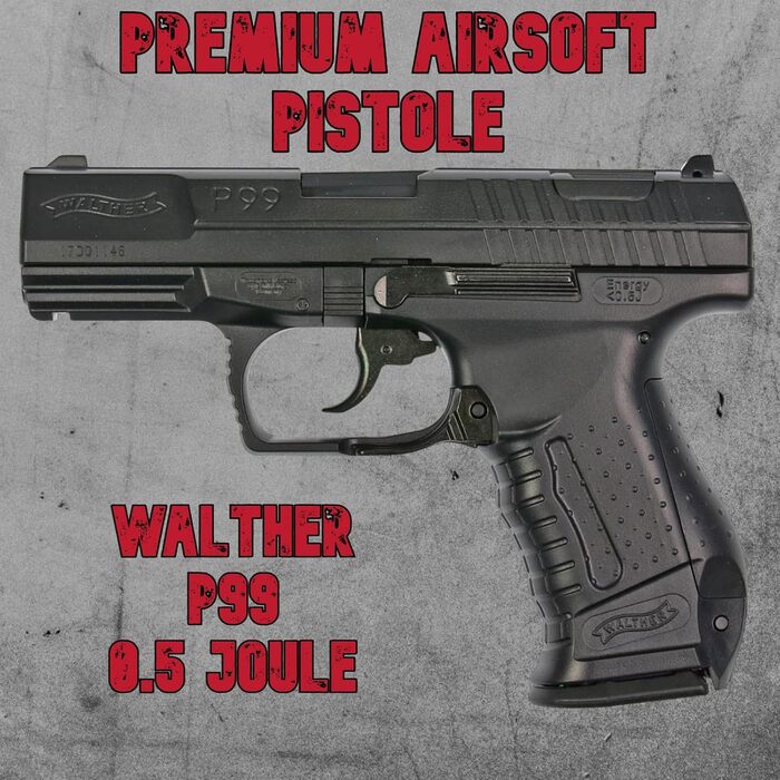 Страйкбольний пістолет Walther P99 Spring – 0.5 Дж, 6 мм, пружинний, повний набір з 2 магазинами та 600 біокульками 0.20 г