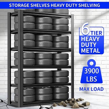 Міцний стелаж, 6-ярусний стелаж для зберігання, металевий підвальний стелаж, розміри (Г x Ш x В) 45 x 120 x 210 см, вантажопідйомність до 1200 кг, стелажі для гаражів та складських приміщень, безригельні стелажі, стелажі для майстерні, чорний.