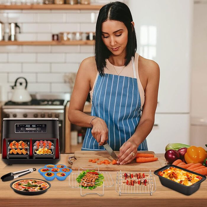 Набір аксесуарів Vusddy з 8 предметів для двозонних фритюрниць - сумісний з Ninja Foodi AF400EU, AF300EU, Innsky 8L, Princess 182074, Tefal 7.6L-9.5L - Двокамерний набір аксесуарів для фритюрниці XL