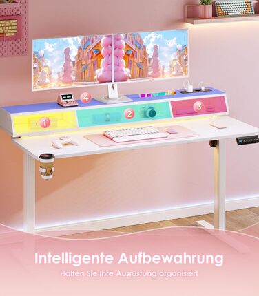 Ігровий стіл OffiGo, стіл з регульованою висотою 140 см, RGB-підсвічуванням та розетками, електричний стіл з 3 відкритими відділеннями для зберігання, тримач для напоїв та навушників, карбонова поверхня білого кольору