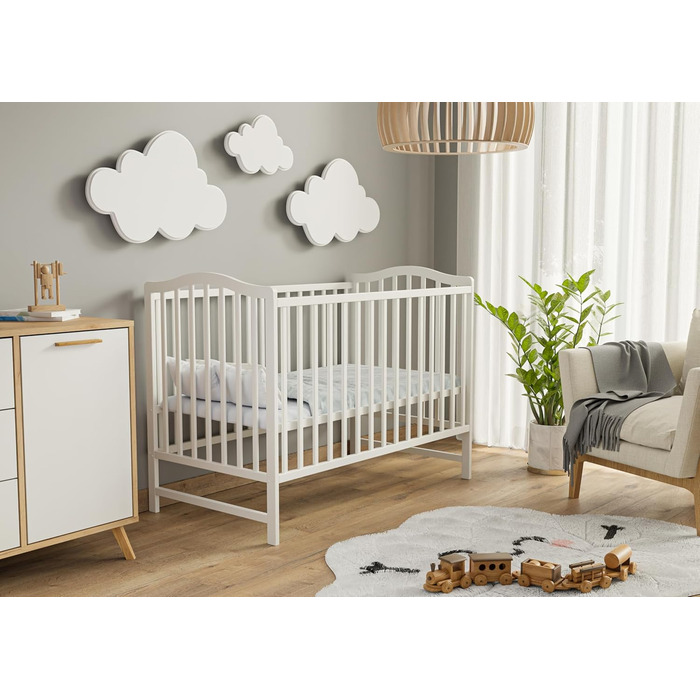 Дитяче ліжко ms factory Paris 120x60 см Дитяче ліжко з регульованою висотою з масиву дерева Ліжечко з безпечним лаком на водній основі Трансформоване дитяче ліжко зі знімними поручнями, біле