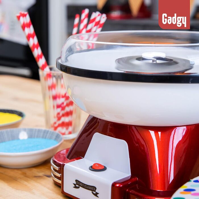 Машина для виробництва солодкої вати Gadgy - Ретро машина для виробництва солодкої вати - Машина для виробництва солодкої вати з паличками для їжі та мірною ложкою - висота 22 см Червоний білий - 500 Вт машина для виробництва солодкої вати для дому
