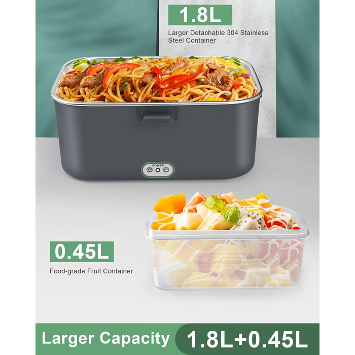 Електричний ланч-бокс AUTOPkio 1,8 л 80 Вт, 12 В/24 В/220 В, великий підігрів їжі з сумкою, виделкою та ложкою з нержавіючої сталі для автомобіля, вантажівки, офісу, сірийзелений