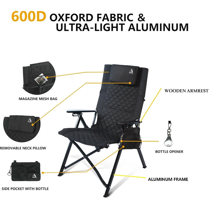Складаний кемпінговий стілець, висока спинка, регульована спинка в 4 положеннях, до 150 кг, садовий стілець з тримачем для напоїв та бічною кишенею, рибальський стілець, вуличний стілець для кемпінгу, саду, балкону (чорний)