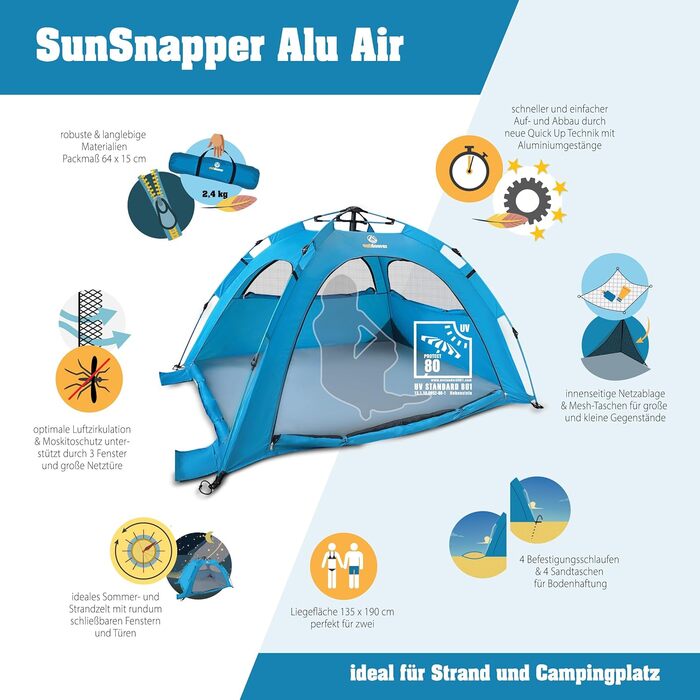 Автоматичний пляжний намет Outdoorer UV 80 SunSnapper Alu Air - надлегкий пляжний намет із захистом від ультрафіолету 80, захистом від комах