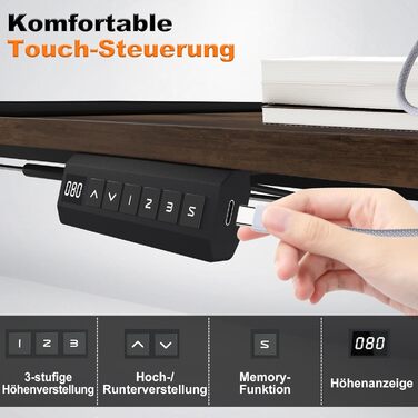 Електричний стіл з регулюванням висоти 16060 см, комп&39ютерний стіл, 3 функції пам&39яті, гладка поверхня, порт Type-C, органайзер для кабелів, гачок для навушників та підсклянник, вінтажний коричневий 160 x 60 см вінтажний коричневий