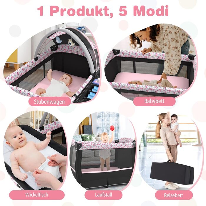 Дорожнє ліжечко COSTWAY 5 в 1 з матрацом, складне приліжкове ліжечко з регульованим балдахіном, дитяче ліжечко з пеленальний килимок, музичний мобіль та сумка для перенесення, дитяче дорожнє ліжечко до 15 кг (рожеві квіти)